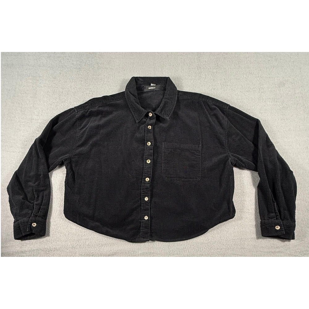 Forever 21 Black Corduroy‎ Cropped Button Down Shirt Jacket 2X Minimalist Layer